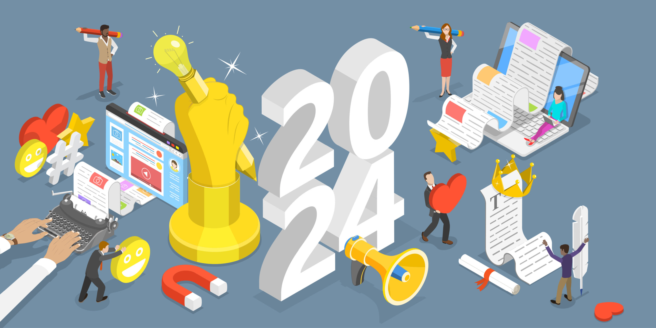 3D Isometric Flat Vector Conceptual Illustration of New Year 2024 Blogging Trends, Commercial Blog Posting